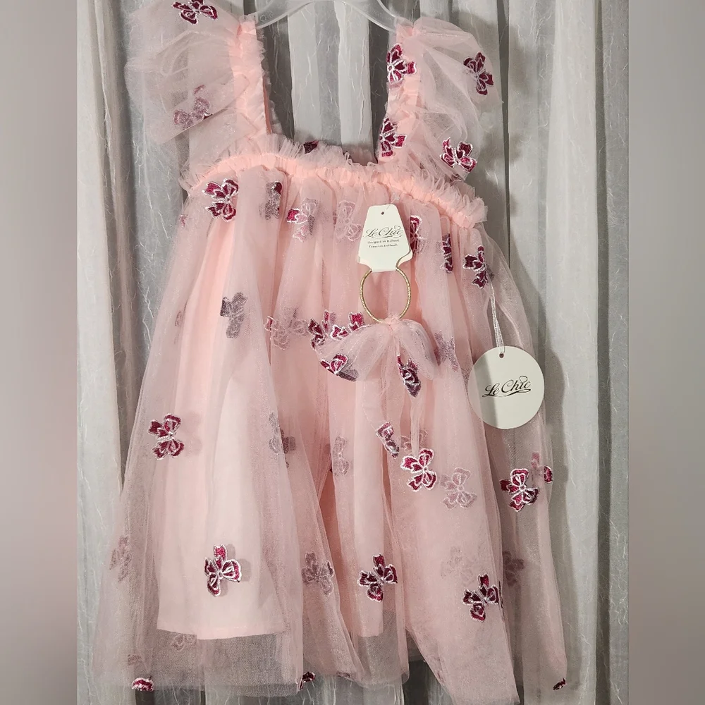 Le Chic Pink Tulle Dress w/ Red/Silver Bow Embroidery w/Hair Tie, S5Y, NWT - Picture 2 of 4